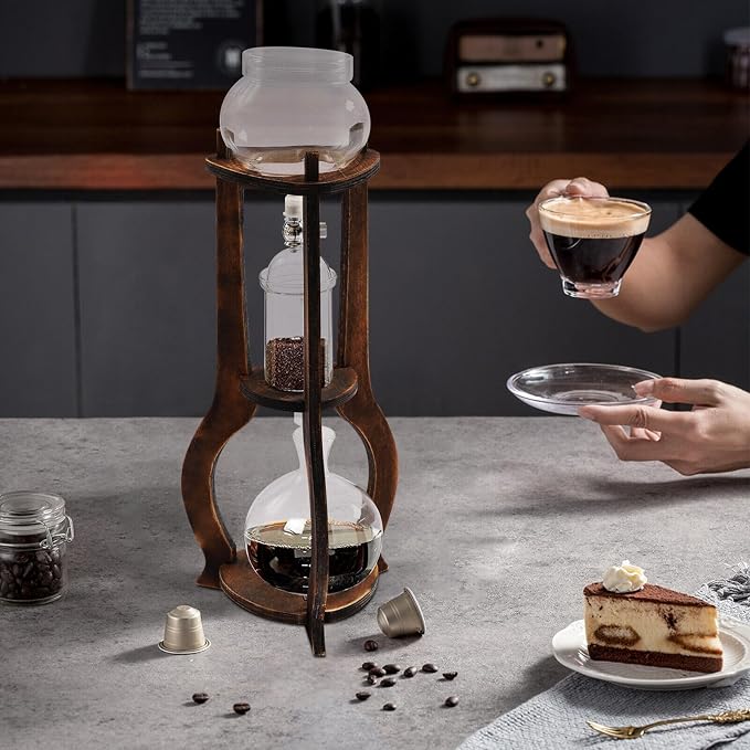 Iced Coffee Cold Brew Drip Tower Coffee Maker with Measuring Spoon, Stainless Steel Filter, Wooden, 6-8 Cup (Brown)