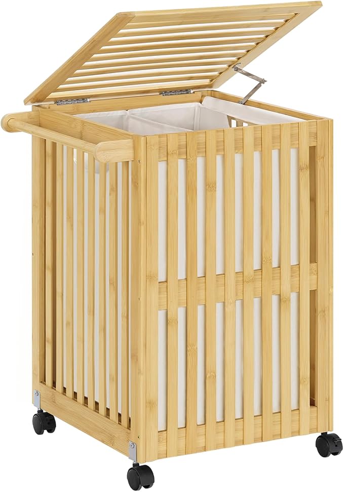HOOBRO Laundry Hamper with Lid and Wheels, 120 L (31Gal) Double Laundry Basket, Bamboo Clothes Hamper with Handles and Removable Liner, for Laundry Room, Bathroom, Bedroom, Natural YL60XY01