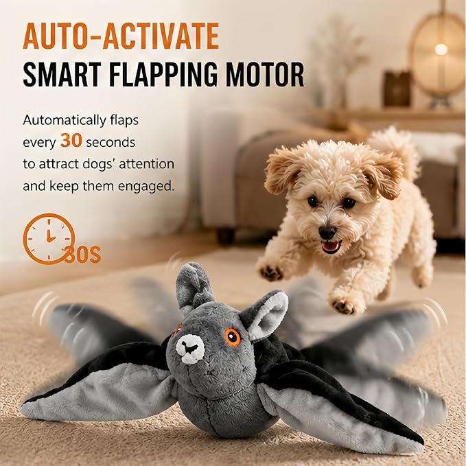 Flying Bat Toy for Dogs & Cats, Flapping Wings Interactive Pet Toy，1 | Flapping bat toy with chirping engages cats and dogs, mimics real flying motion. Cute interactive pet teaser