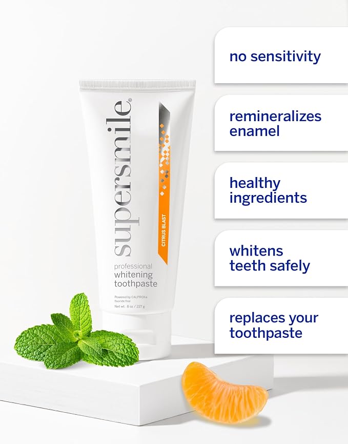 Supersmile Citrus Blast Whitening Toothpaste, Fluoride-Free, 8 Oz | Calprox® Powered, Whitens 5.5 Shades in 7 Days, Sweet Orange + Cool Mint Flavor, Veneer Safe, Sensitivity-Free