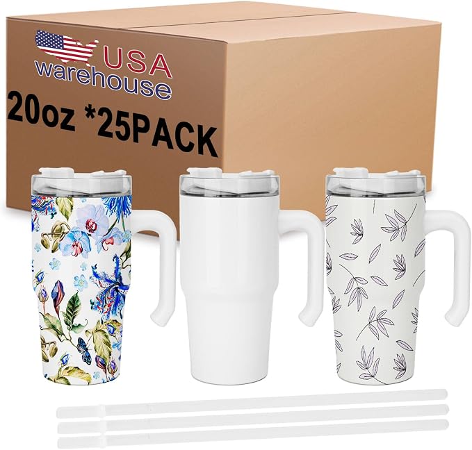 20 oz Sublimation Tumbler with Handle 25pcs, Keep Cold 24 Hours Stainless Steel Tumbler with Lid and Straw &Brush Double Wall Vacuum Reusable Sports Water Bottle with Handle Travel Coffee Mug