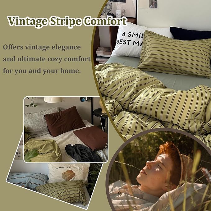 mixinni Vintage Stripes Duvet Cover Set Queen - 3-Piece Mid-Century Cotton Olive & Taupe Striped Bedding, Soft Breathable All-Season Comforter Cover with Zipper Closure & Corner Ties-Queen Size