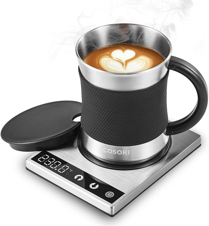 Cosori Coffee Mug Warmer & Mug Set, 1°F Precise Temperature Control | Digital Cup Heater, Touch Tech & LCD Digital Display (77-194℉), 304 Stainless Steel, for Desk, Office, Silver/Black
