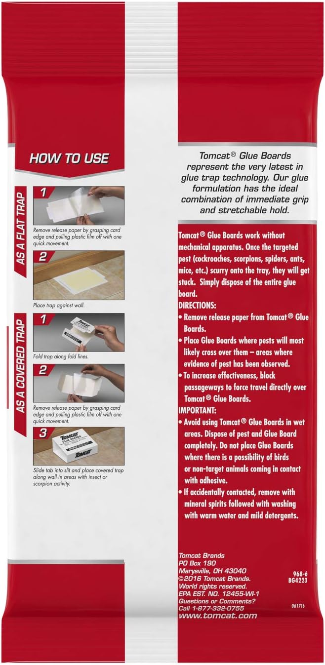 Tomcat Glue Boards with Eugenol for Enhanced Stickiness, 4 Boards | Sticky Traps for Mice, Cockroaches & Insects, Flat or Covered Use, Ready-To-Use