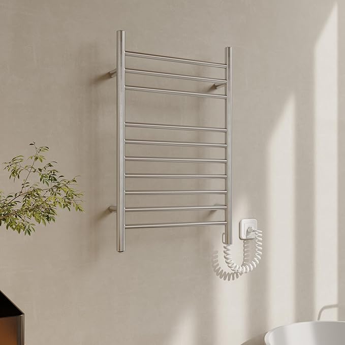 HEATGENE Towel Warmer, Compact Electric Towel Warmer for Small Bathroom, Wall-Mounted Electric Towel Racks, Plug-in/Hardwired Electric Towel Rails - Brushed
