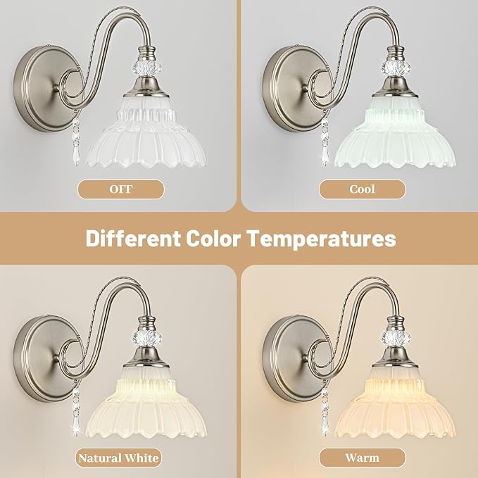 1 Piece Brushed Nickel Finish Wall Sconce, 1-Light Modern Wall Sconce with Hanging Crystal Accents and Flower-Shaped White Shades for Bathroom Bedroom Living Room,Modern Vanity Light