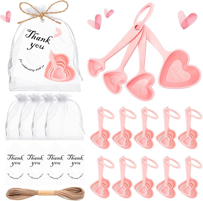 50 Set Heart Measuring Spoons: Wedding Bridal Shower Bulk Favors | Plastic heart measuring spoons with bags and cards. Practical souvenirs for wedding guests and bridal shower favors