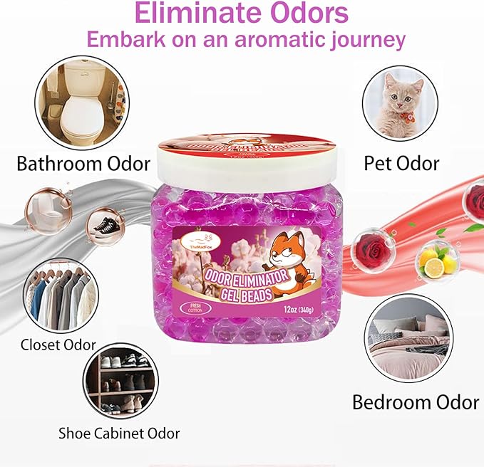 6 Pack Odor Eliminator Gel Beads, 12 oz, Scented Gel Air Freshener, Pet Odor Eliminator for Bathroom, Closet, Pet Area & RVs, Lasts 90 Days for Improved Home Fragrance, Fresh Cotton
