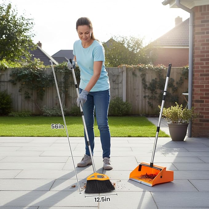 REEWII Large Broom and Dustpan Set，Long Handle Upright Dust Pan Outdoor Indoor for Courtyards, Garages, Lobbies, Shopping Malls, Market Floors, Sidewalks, Classroom Floor Cleaning