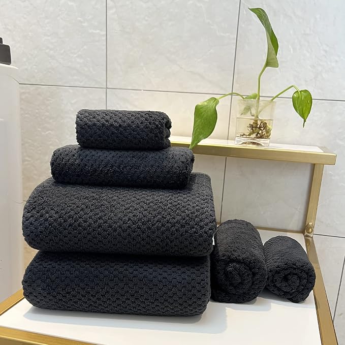 YTYC 29x59 Bath Towels Set,Towels for Bathroom,Black,6-Pieces | 2 Large Bath towels,2 Hand towels (14x29"),2 Washcloth (13x13"),Super Soft,Highly absorbent,Hanging Loop,80%Polyester