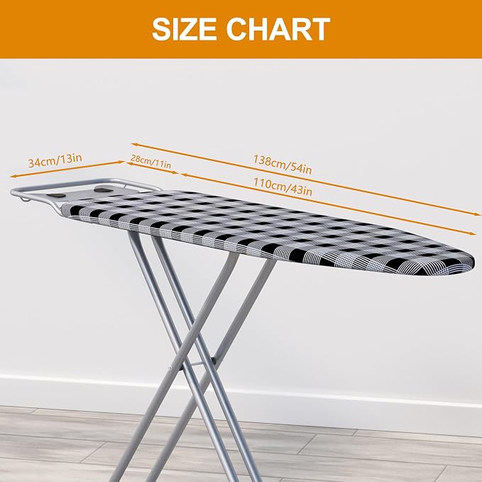 Jakeefud Ironing Board 13" X 43" W/Extra Thick Heavy Duty Padded Cover, Height Adjustable,Heat & Scorch Resistant Fabric, Anti-Skid Feet, Extra Wide, Easy to Fold Checkered Gray