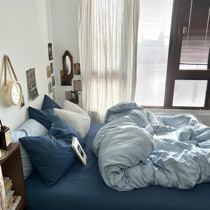 mixinni 100% Washed Cotton Duvet Cover Set Full Size, Solid Light Blue Ocean Themed Chic Bedding, Soft Breathable Minimalist Comforter Cover with Zipper Closure & Corner Ties-Full Size