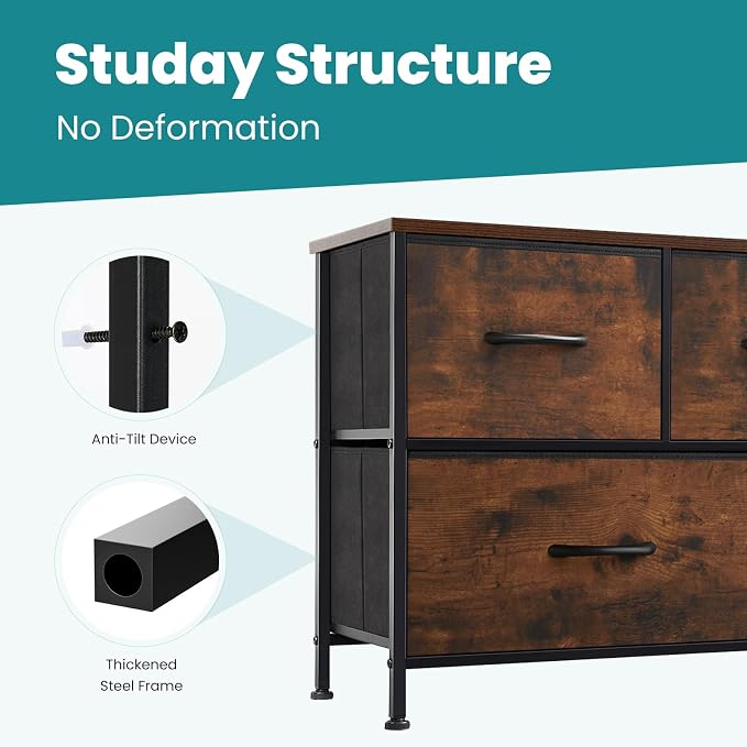 OLIXIS 5 Drawer Dresser for Bedroom, Wide Fabric Storage Tower, Brown | Closet Chest Organizer Furniture, TV Stand for Living Room, Wooden Top and Metal Frame