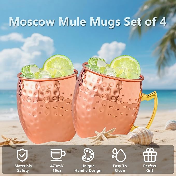 UNISWEET Moscow Mule Copper Mugs-100% Pure Copper Handmade, Gold Brass Handles, 16oz for Drinking, Premium Moscow Mule Copper Cups Set of 4 for Cold Drinks Cocktail Beer Wine Party Bar