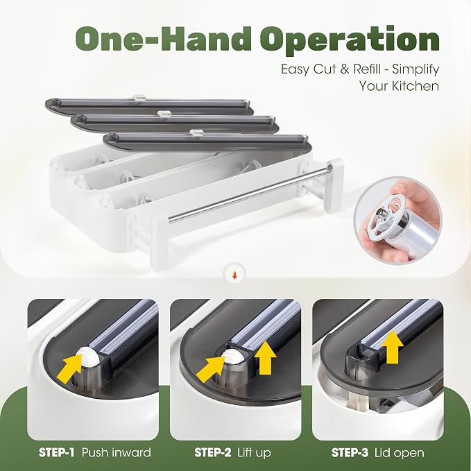 Aluminum Foil & Plastic Wrap Dispenser with Cutter - Magnetic & No-Drill Wall Mount, Cling Film Dispenser with Paper Towel Holder, Space-Saving 4-in-1 Kitchen Organizer - Fits 12" Roll, Black
