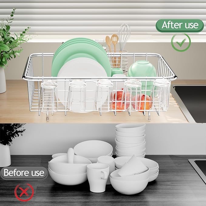 Fanbsy Dish Drying Rack in Sink, Extendable Stainless Steel Dish Drainers for Kitchen Counter, Anti-Rust Dish Dryer Rack with Utensil & Cup Holders, for Inside Sink, Over The Sink