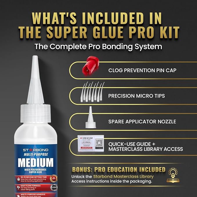 Starbond Medium Super Glue Pro Kit (2 oz) – Strong, Fast, All-Purpose CA Glue (Cyanoacrylate Adhesive) – with Anti-Clog Cap, Precision Tips & Extra Nozzles for Woodworking, Quick Fixes & Hobby Models