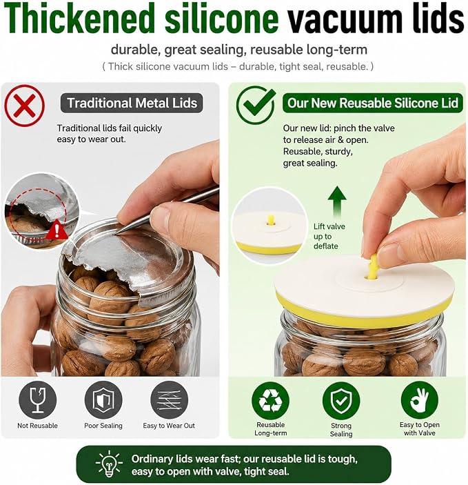 4-in-1 Handheld Vacuum Sealer for Food with Reusable Canning Lids | Rechargeable Portable Vacuum Sealer, Multi-use for Canning Lids, Vacuum Bags, Storage Containers & Wine Preservation