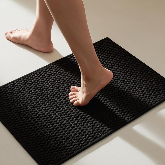 TYUU Black Bathroom Rugs Non Slip Washable, Super Absorbent Thin Bath Mat Small Quick Dry Low Pile Bathroom Rug, Black 16''x24''