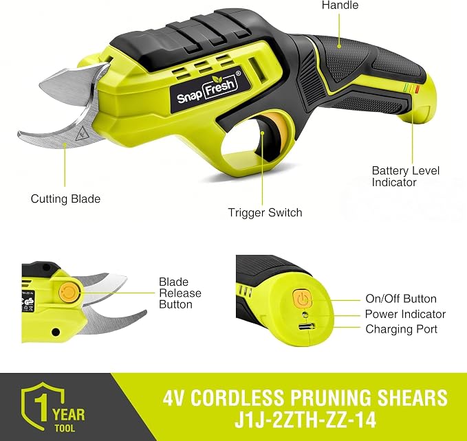 SnapFresh Cordless Electric Pruning Shears, 4.0Ah Battery Powered Garden Pruner with Extra Blade, 3/4" Cutting Capacity, Tool-Free Quick Blade Swap, Lightweight Branch Cutter Gardening Scissors
