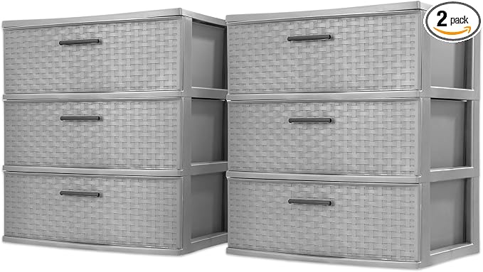 Sterilite 2 Pack 3 Drawer Wide Storage Tower, Weave Organizer, Cement | Lightweight Opaque Home Organization Container for Bedrooms, Closets, or Bathrooms
