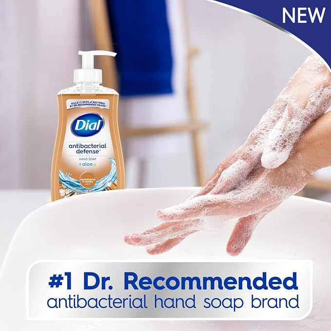 Dial Antibacterial Defense Liquid Hand Soap + Aloe, Sandalwood & Vanilla Scent, 11 Fl Oz (Pack of 12), Dermatologist-Tested Hand Wash, Gentle Formula