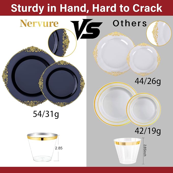 Nervure 350Pcs Blue Plastic Plates - Blue Gold Plastic Dinnerware Sets for 50 Guests - 100 Navy Gold Disposable Plates, 50 Pre Rolled Silverware, 50 Cups Perfect for Wedding & Party & Memorial Day