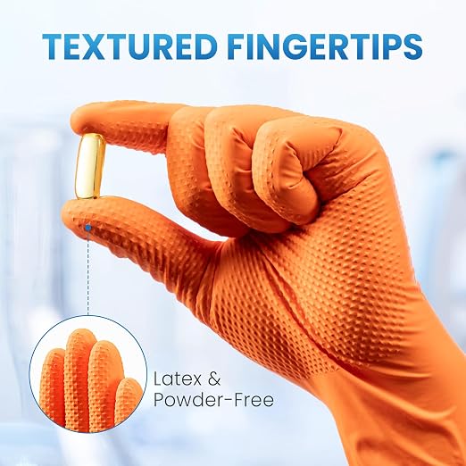 Borje Orange 8 Mil Nitrile Disposable Gloves, 100 Count, Large | Heavy-Duty, Latex & Powder Free, Raised Diamond Texture, Mechanic, Industrial, Automotive, Gardening