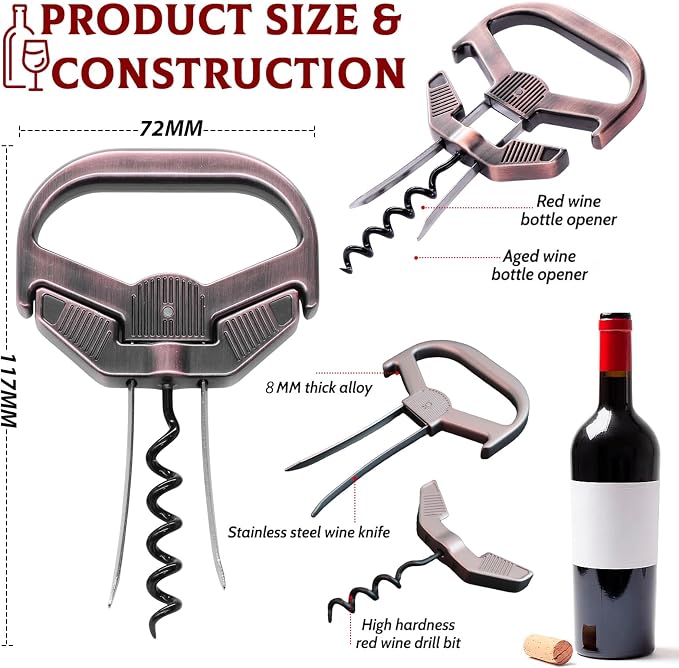 Ah So Wine Opener for Vintage Bottles, Old Wine Corkscrew with Portable Leather Case, Two Prong Cork Puller, for Wine Connoisseurs & Collectors to Uncork, Ideal Gifts for Wine Lovers (Classic Copper)