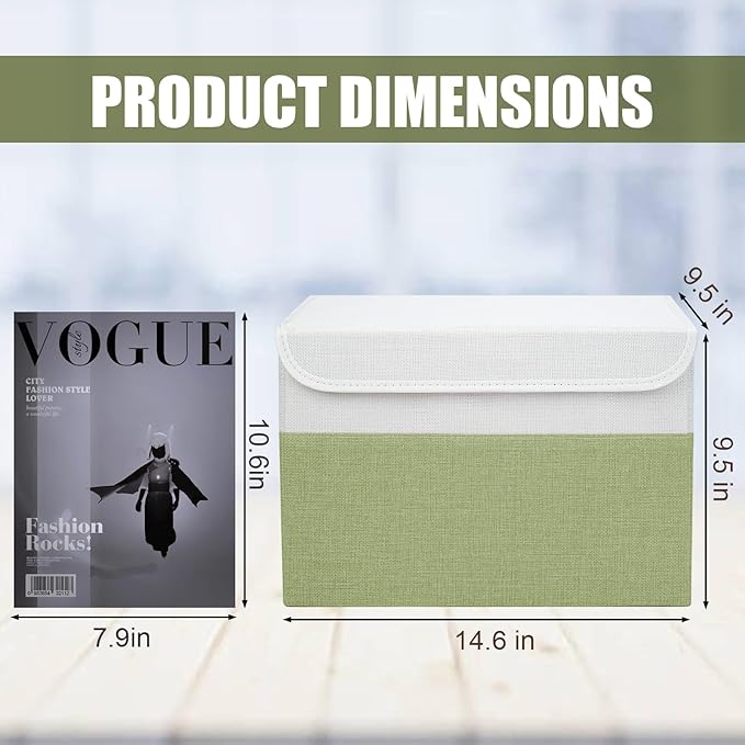 Bagnizer Large 22 Quart Linen Fabric Foldable Storage Bin Cube Organizer Basket with Flip-Top Lid & Handles, Clothes Blanket Box for Home, Office, Closet, Green & White, 4 Pack 14.6 x 9.5 x 9.5