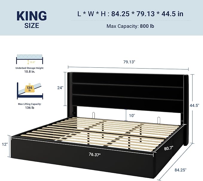Allewie King Size Lift Up Hydraulic Storage Bed Frame Black | Modern Wingback Headboard, Hydraulic Support Storage, No Box Spring Needed