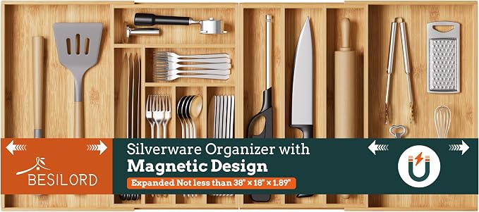 Silverware Organizer Large, Magnetic Connected Expandable 11 Slots Silverware Drawer Organizer From 21 to 37.4 Inches, Adjustable Flatware and Cutlery Holder, Bamboo Utensil Tray for Kitchen Natural