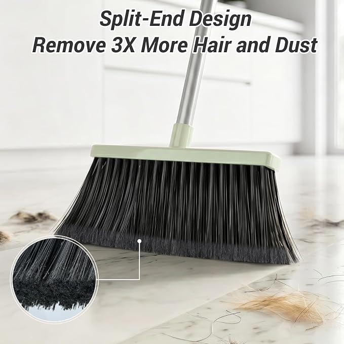 Broom with Dustpan Combo Set, Long Handle Upright Standing Self-Cleaning Broom and Dustpan Set for Pet Hair & Dust Cleanup, Indoor Outdoor Use for Home, Kitchen, Office, Green