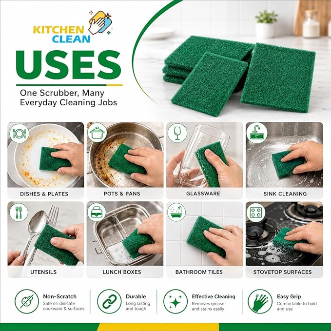 ™ 10 Pcs Small Kitchen Scrub Pads | Dish wash Scrubber | Non Scratch - Durable - Long Lasting | Clean Shine Brite Utensils Scrub Pads (Green, Small 3x4 inch, Pack of 10 Pcs)