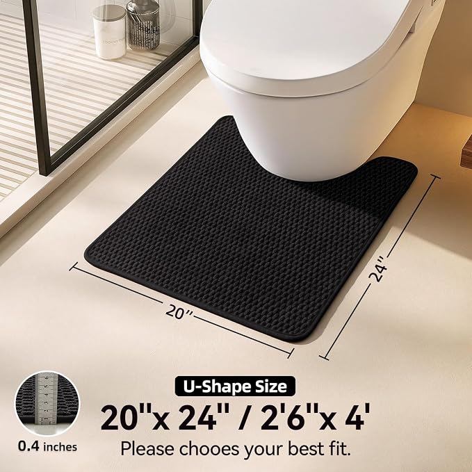 Triohero Toilet Rug, Thin Toilet Rugs U Shaped Washable Non Slip Absorbent Quick Dry Low Pile Toilet Mat, Black 20"x24" U Shape