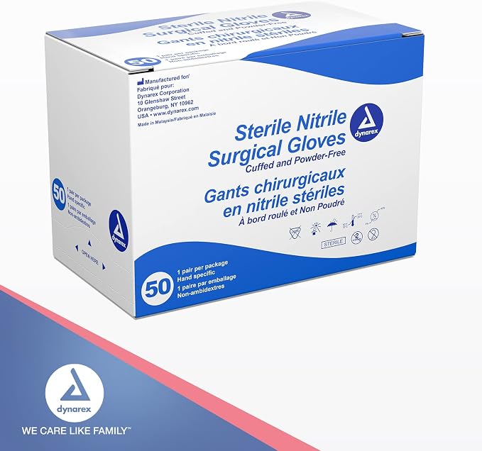 Dynarex Sterile Disposable Nitrile Surgical Gloves, Powder-Free, Packaged in Pairs, Professional Medical and Healthcare Use, Size 8.5, 1 Box of 50 Pairs