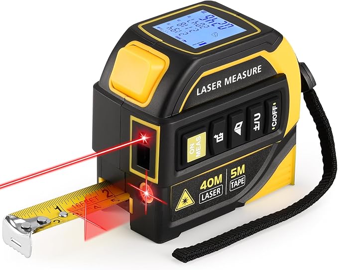 4-in-1 Laser Tape Measure - Class 2, 131FT Laser Distance Meter, 16FT AutoLock Tape Measure, Cross-Line Laser Level, Dual-Axis Electronic Angle, LCD Display, for DIY, Construction Projects