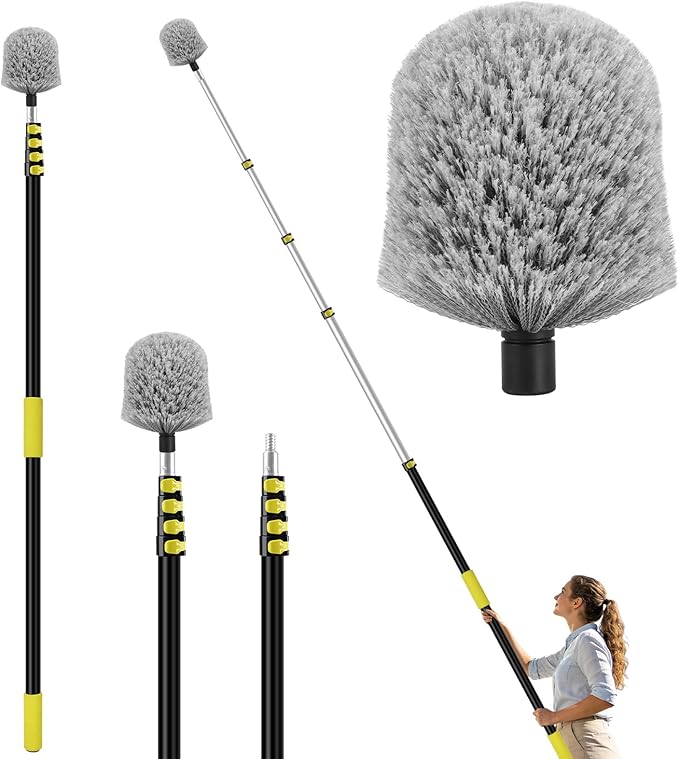 26FT High Reach Cobweb Duster with Extension Pole, Spider Web Brush for Cleaning with 5-20FT Telescopic Pole, 8" Larger Extendable Duster for High Indoor & Outdoor Webs