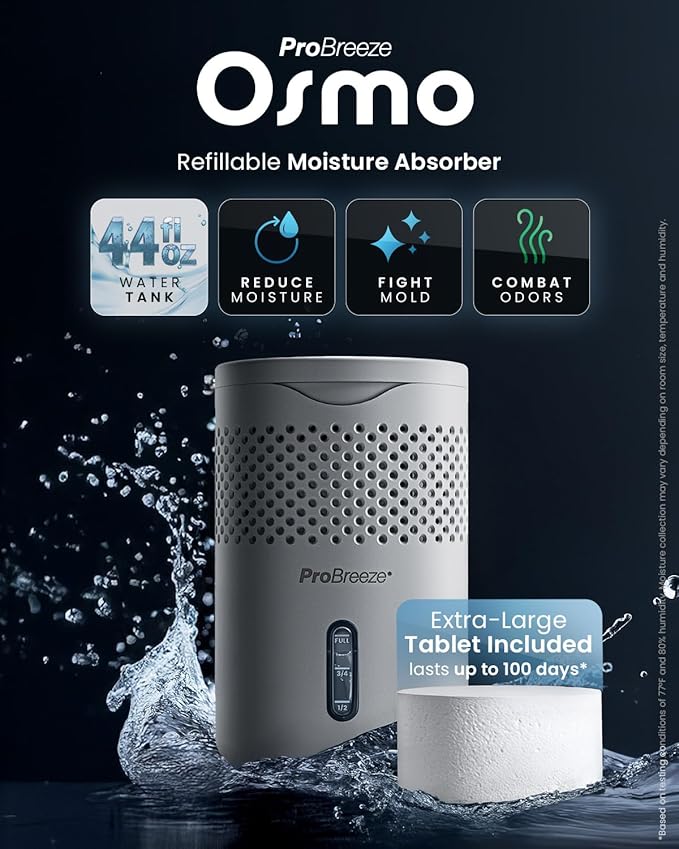 Pro Breeze Osmo® Dehumidifier, Silent & Refillable Moisture Absorber for Home, Bedroom, Wardrobe and Bathroom,1.54lb Refillable Tablet, Grey