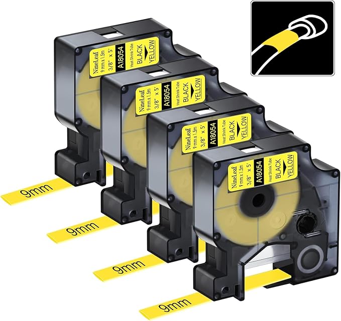 4PK 3/8" Yellow Heat Shrink Tube 18054 Compatible for Dymo Rhino 4200 Label | NineLeaf Compatible for Dymo Label Maker Refills Black on Yellow 9mm x 1.5m for Wires/Cables Use in Rhino 5200 5000 6000 3M