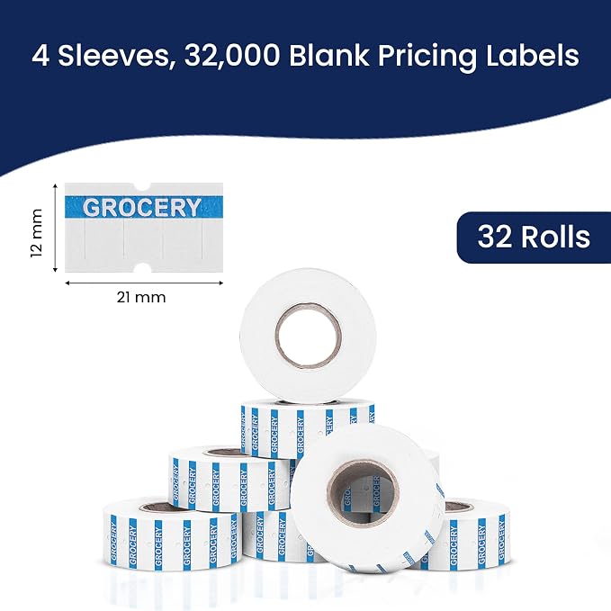 Perco 1 Line Blue Reverse Print on White Grocery Labels—32,000 Labels for Perco Lite, X, Plus & Pro Guns—with Tamper-Proof Design for Supermarkets, Corner Stores and More—32 Rolls, 4 Sleeves—USA Made