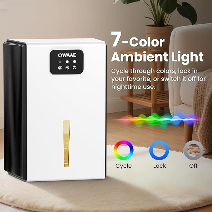 Dehumidifier, 1000 sq.ft Quiet Dehumidifiers for Home Bedroom Bathroom Basement with 95oz Water Tank, Sleep Mode, Auto Shut-Off 7 Colors LED Light, White