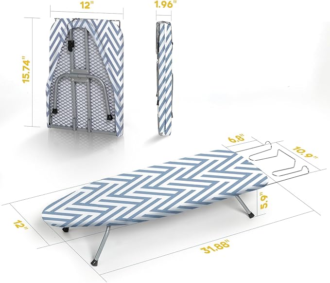 Small Tabletop Ironing Board Foldable, RAINHOL Steel Mesh Portable Iron Board for Dorm and Apartment, with Iron Rest and Heat-Resistant Cotton Cover, 32" x 12", Blue and White Stripes
