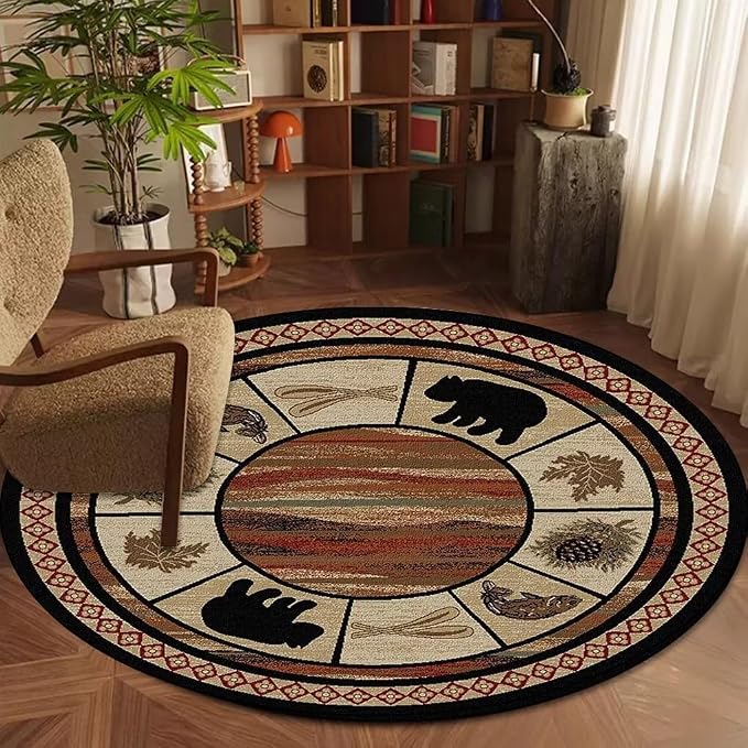 Bear Cabin Round Rugs 3 Feet for Hallway Bathroom Entrance Kitchen Circular Wildlife Bear Plants Area Rug Non-Slip Lodge Bear Indoor Floor Carpet
