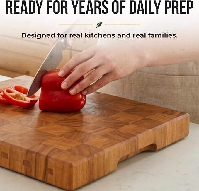 SHUMARU Mahogany End Grain Cutting Board 12.6×12.6×2 in with Holder – Handmade Checkered Butcher Block, Knife-Friendly, Non-Slip Feet, Ergonomic Handles