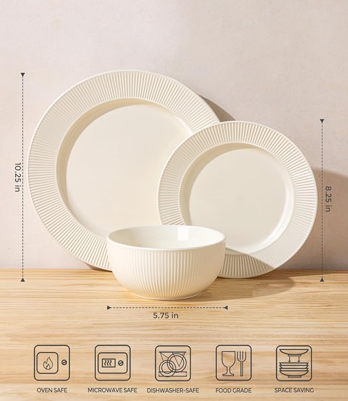 TheTerra Ceramic Dinnerware Sets for 6, 18 Pieces Porcelain Lightweight Plates and Bowls Sets, Scratch Resistant Dish Set, Oven, Microwave & Dishwasher Safe, Ivory