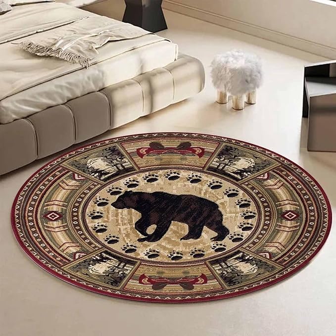 Village Cabin Bear Round Rugs 5'3ft for Living Room Non-Slip Vintage Rustic Farmhouse Floor Carpet Apartment Decor Abstract Moroccan Bear Footprints Area Rug