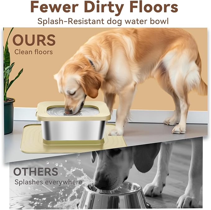 10L No Spill Dog Water Bowl Stainless Steel for Messy Drinkers | Large Capacity Slobber Stopper, Slow Drinking Anti Splash Design, XXL Silicone Mat, For Large Dogs & Multi-pet Homes, Beige