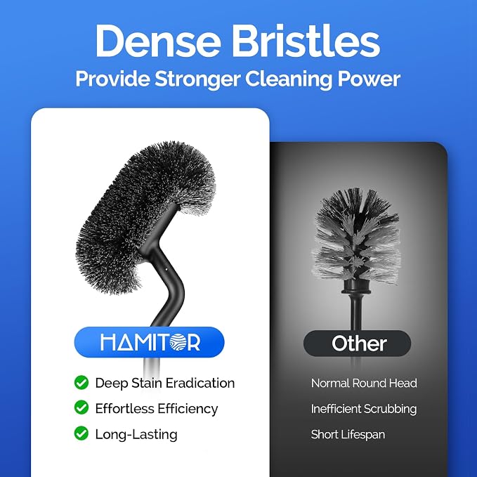 HAMITOR Toilet Brush and Holder Set: 304 Stainless Steel Rustproof Toilet Scrubber with Under Rim Deep Cleaning Curved Bristle - Bathroom Cleaner Brush for Renters Homeowners Family Silver 2 Pack