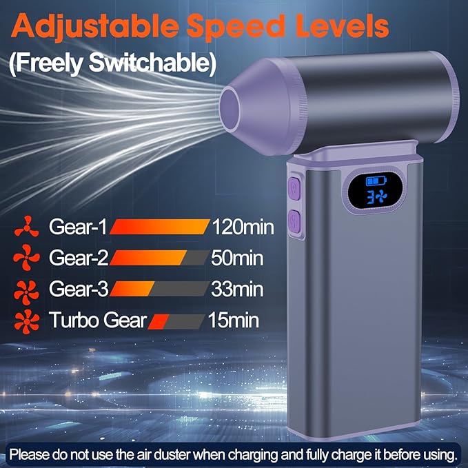 Metal Electric Compressed Air Duster, 300000RPM High Speed Rechargeable Air Blower&Pump for Leaf Blower with Digital Display, 4-Speed Modes-Brushless Motor Mini PC Dust Cleaner with Light(Argent)